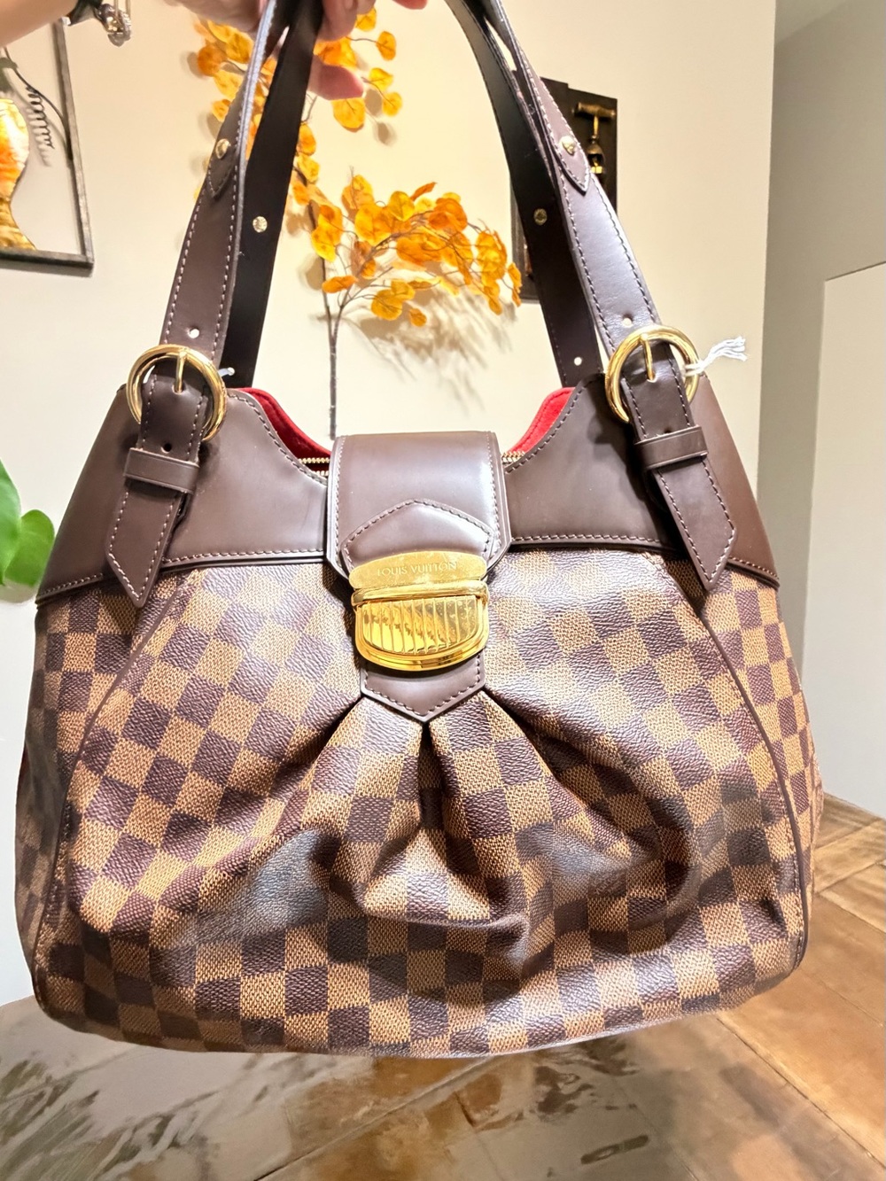 Brown Checkered Sistina Shoulder Bag with Gold-Tone Hardware